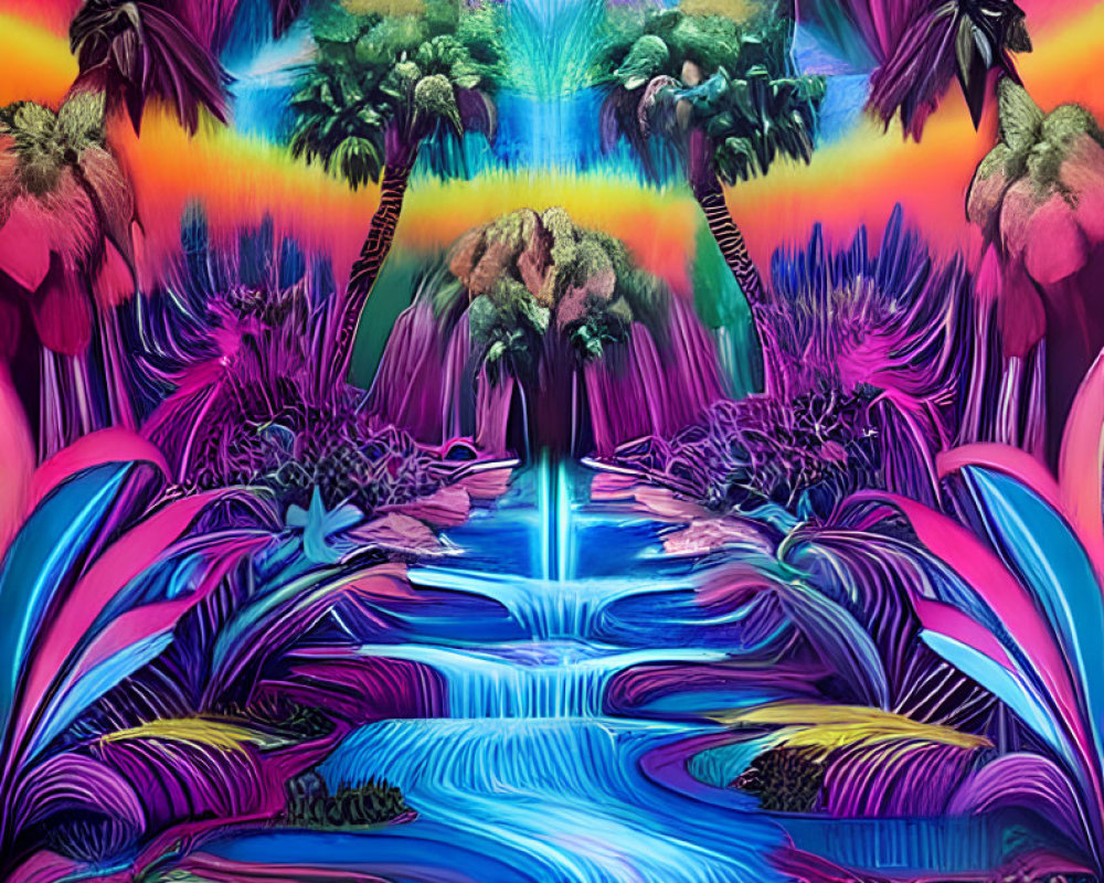 Colorful Psychedelic Landscape with River, Plants, Eye, and Rainbow Sky