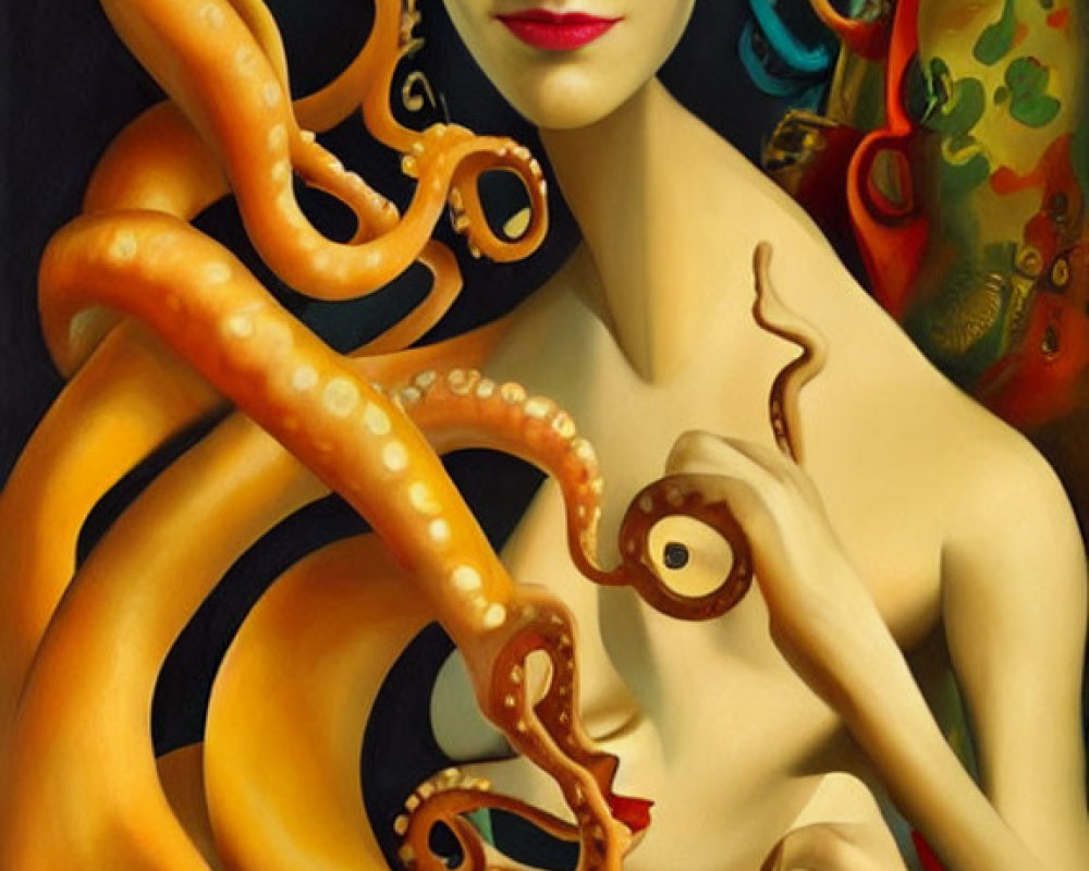 Colorful surreal portrait of a woman with octopus tentacles and underwater theme