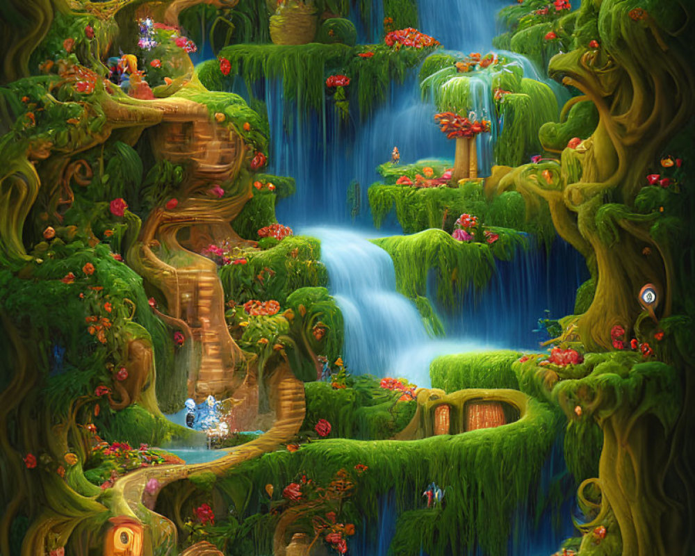 Fantasy landscape with waterfall, greenery, and tree houses