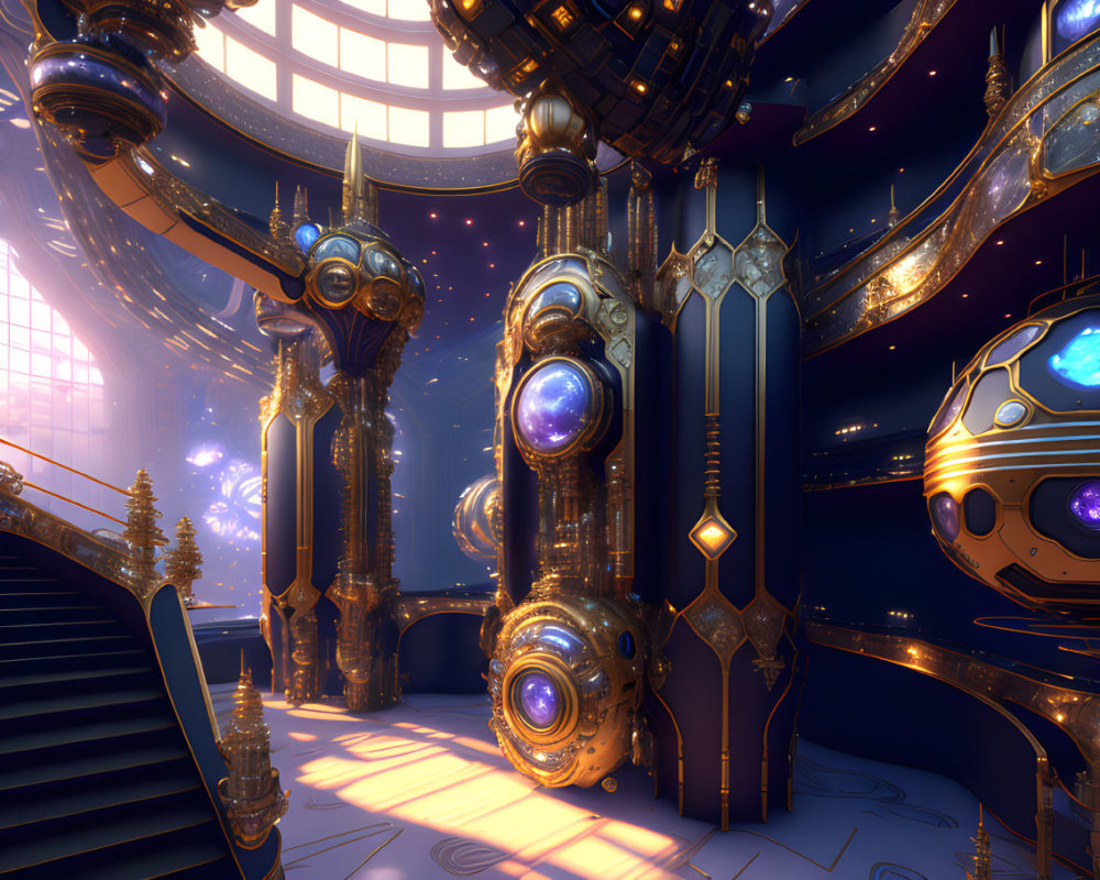 Futuristic interior with golden pillars, purple orbs, starry windows, and a spaceship docked