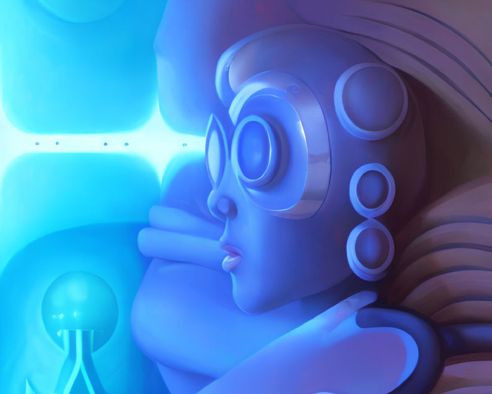 Surreal illustration of person with stylized goggles and glowing orb