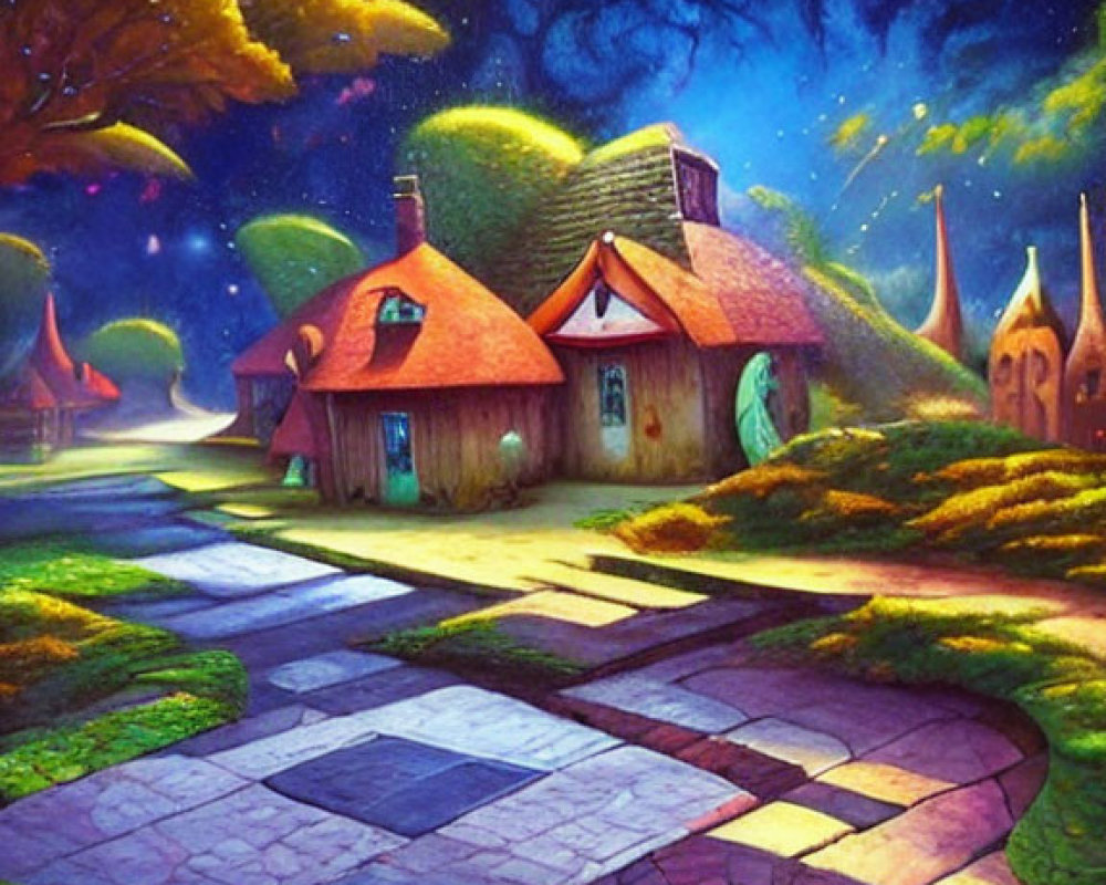 Fantasy landscape at dusk: whimsical cottages, cobblestone path, luminescent trees