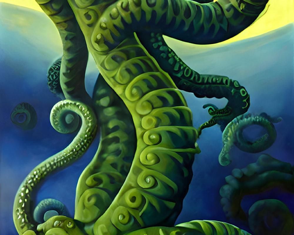 Detailed illustration of colossal green tentacled sea creature in deep blue waters