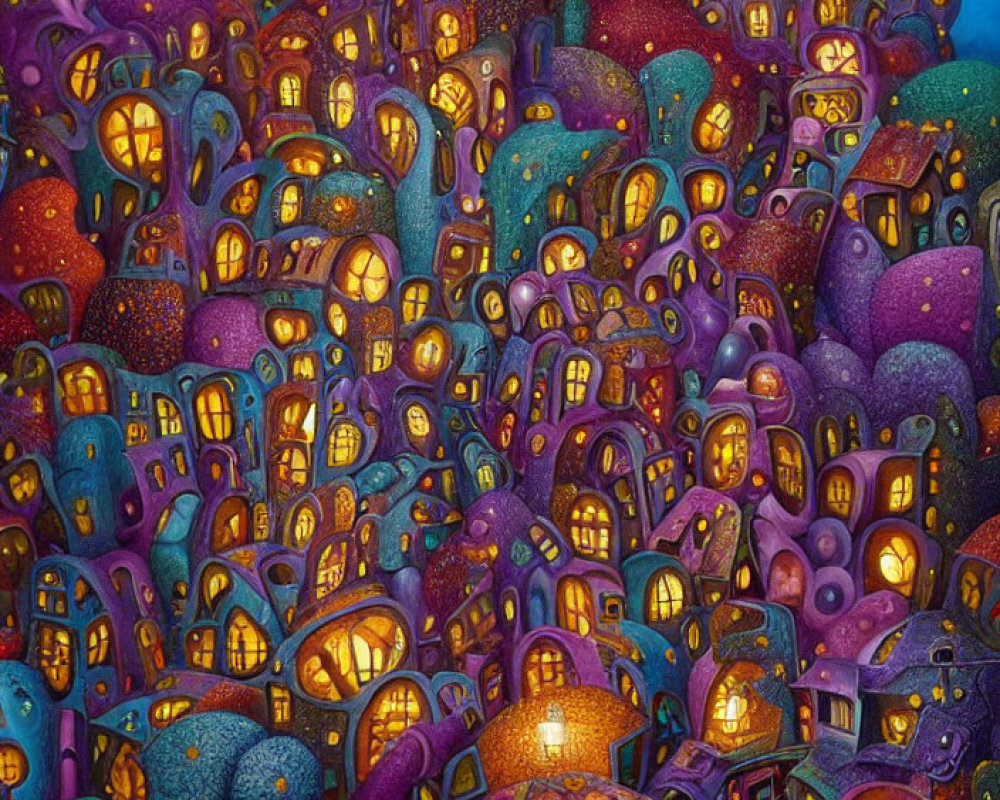 Colorful painting of whimsical houses against night sky