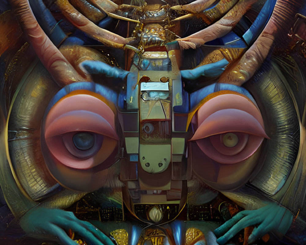 Surreal robotic figure with eyes, feathers, and metallic elements in tunnel setting