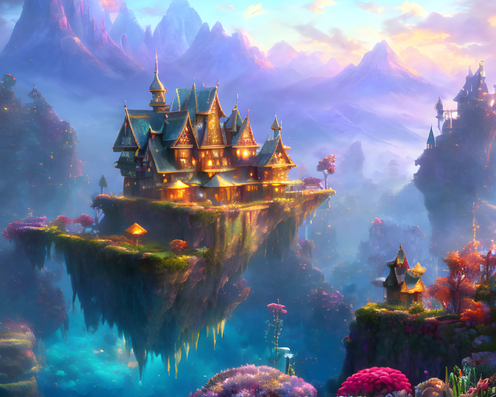 Majestic castle on floating island in fantastical landscape