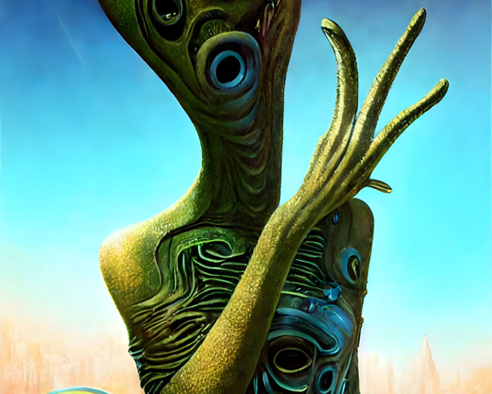 Alien with Multiple Eyes and Elongated Fingers in Thoughtful Pose Against Fantastical City