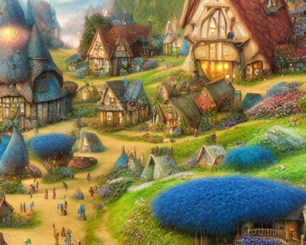 Colorful fantasy village with thatched cottages and blooming flowers