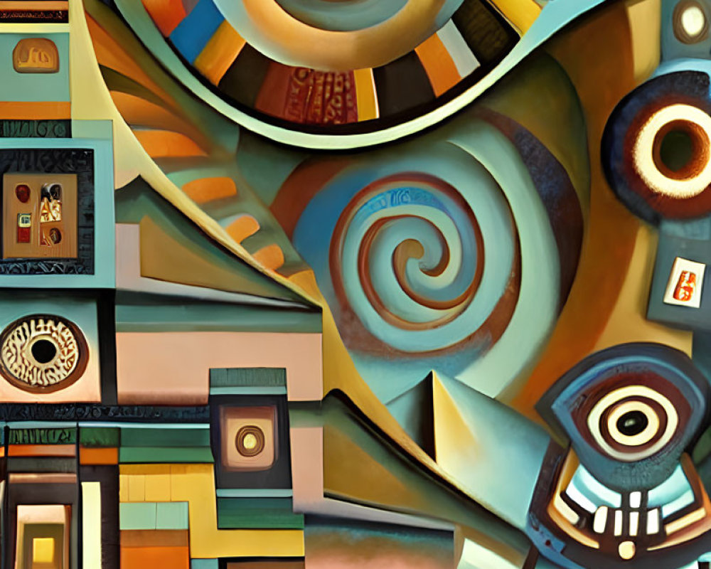 Cubist-style Abstract Painting with Swirls and Earthy Tones