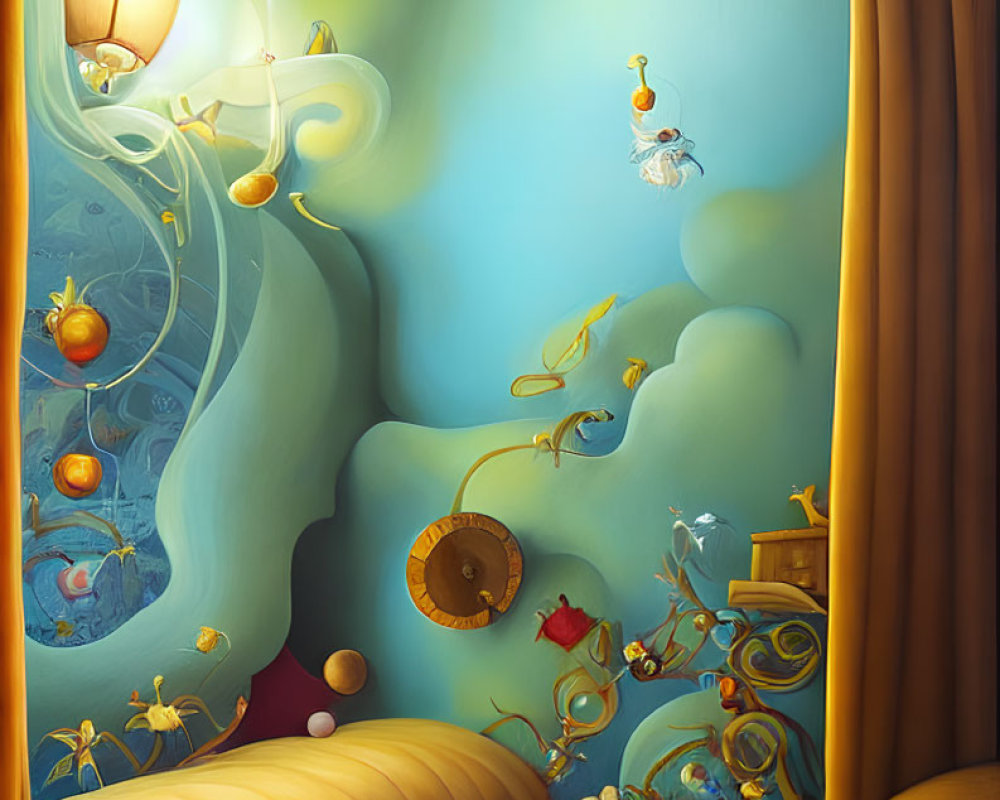 Illustration of child sleeping in surreal, cozy bedroom with floating lanterns and creatures