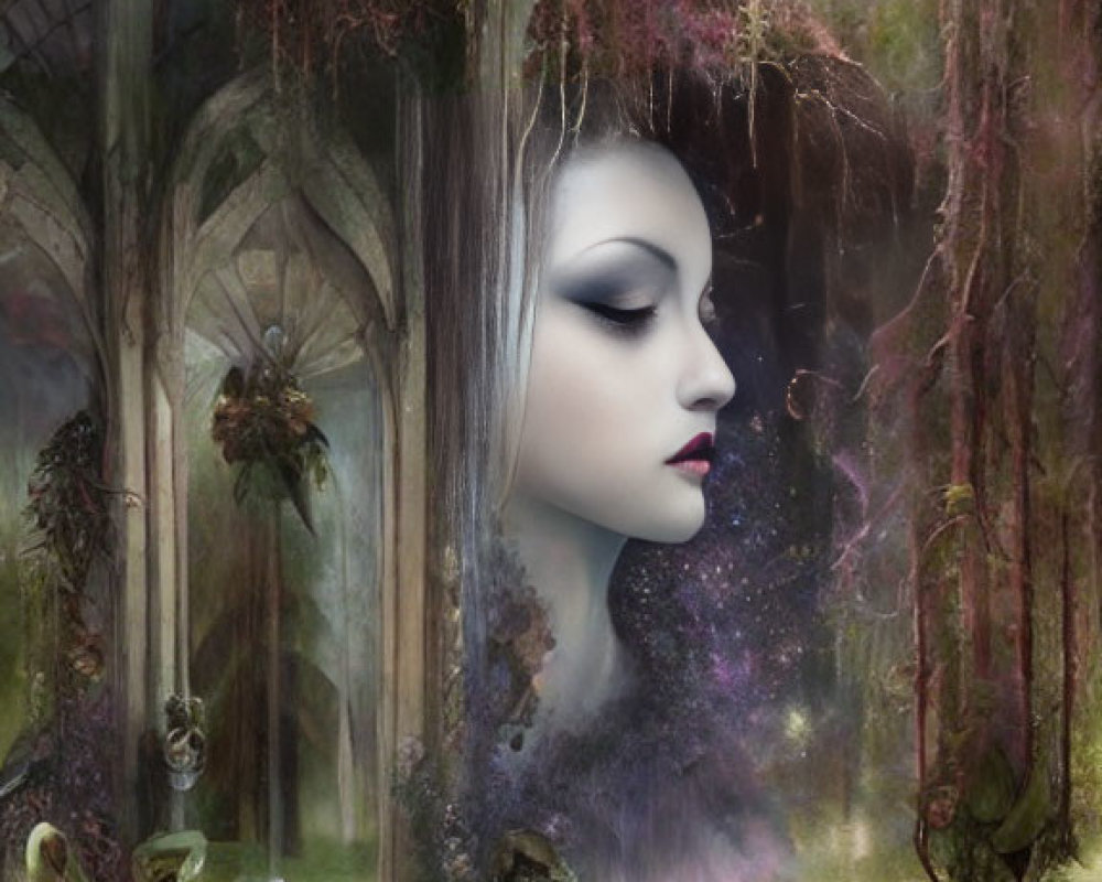 Surreal image of woman's face in mystical forest with Gothic architecture and vibrant flora