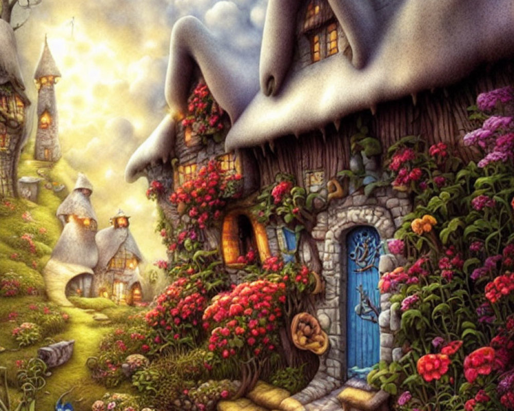 Illustration of Fairytale Cottage with Thatched Roofs and Vibrant Garden