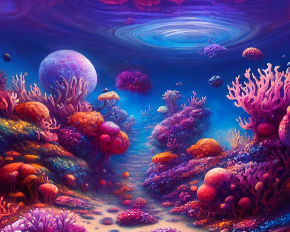 Colorful Coral and Fish in Underwater Scene with Mystical Portal and Planets