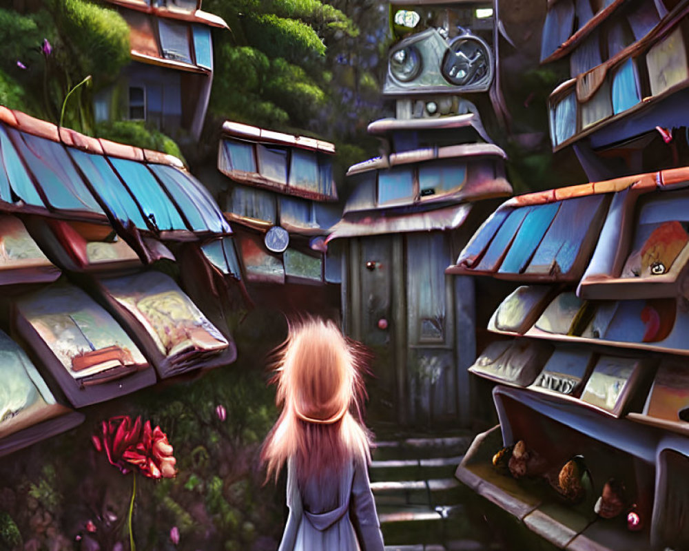 Whimsical book-lined pathway with girl, lush greenery, and starry sky