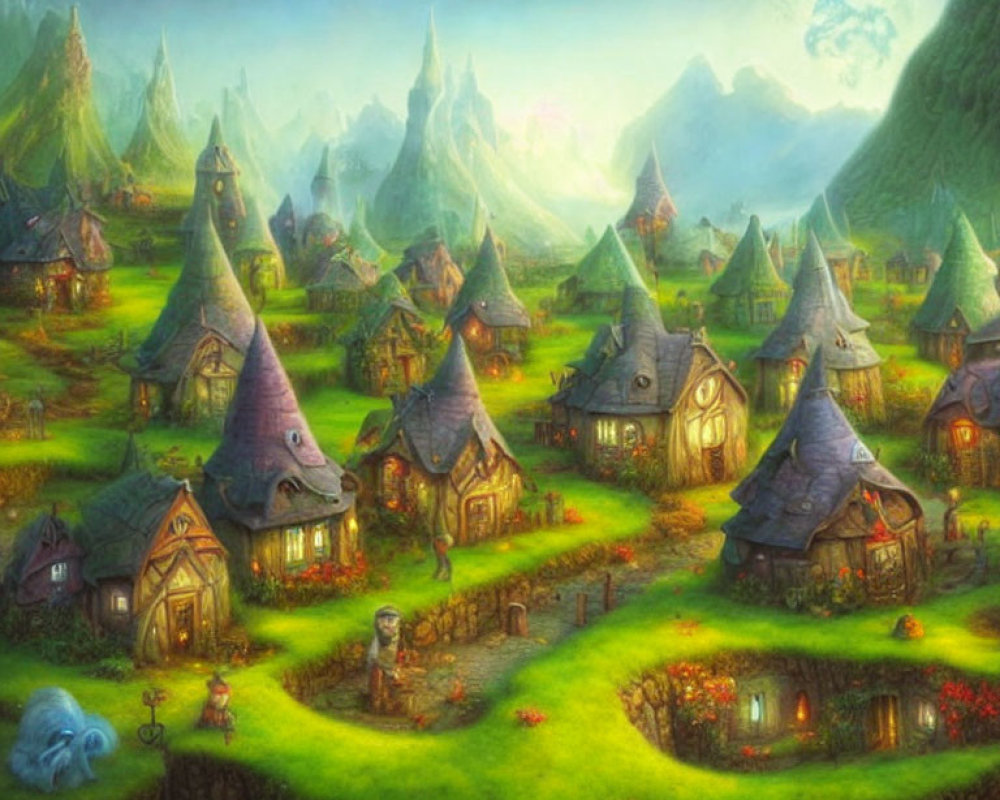 Whimsical fantasy village with grassy pathways and mountains