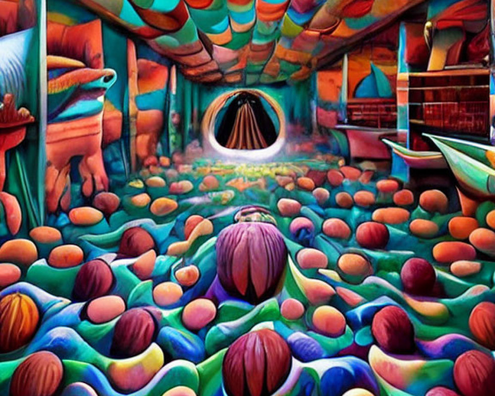 Colorful Surreal Painting of Rainbow Tunnel and Bright Light