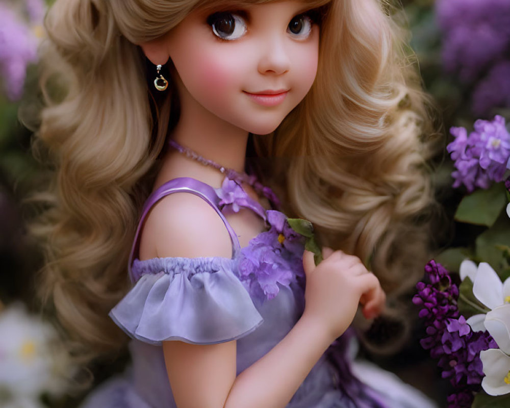 Blond Curly-Haired Doll in Lilac Dress Surrounded by Flowers