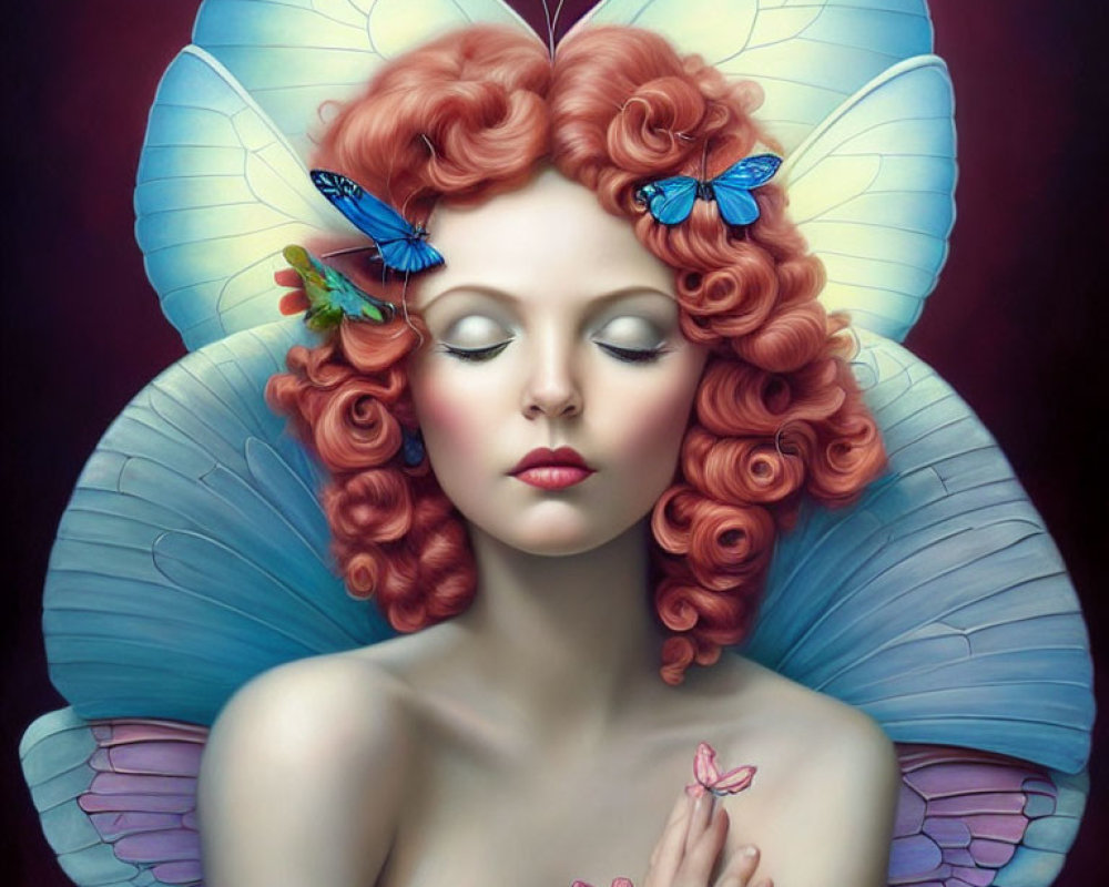 Person with Vibrant Butterfly Wings and Red Curly Hair in Serene Pose