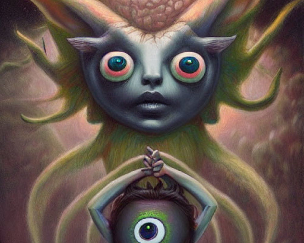 Surreal painting featuring fantasy creatures with large eyes in mystical setting