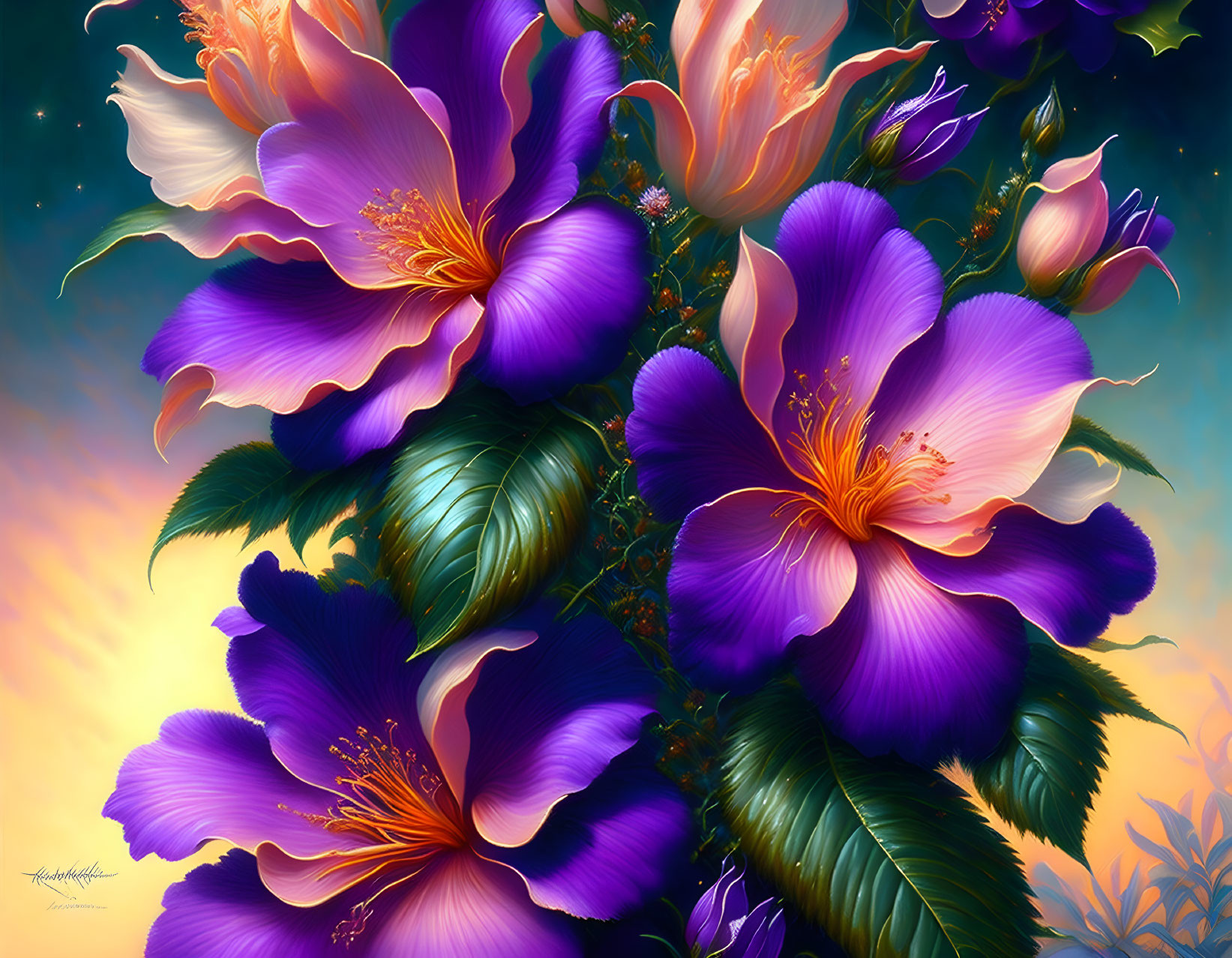 Colorful Purple and Pink Flowers with Prominent Stamens in Sunset Setting