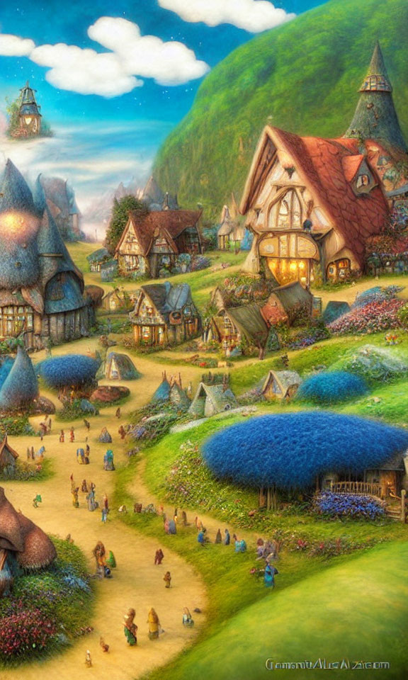 Colorful fantasy village with thatched cottages and blooming flowers