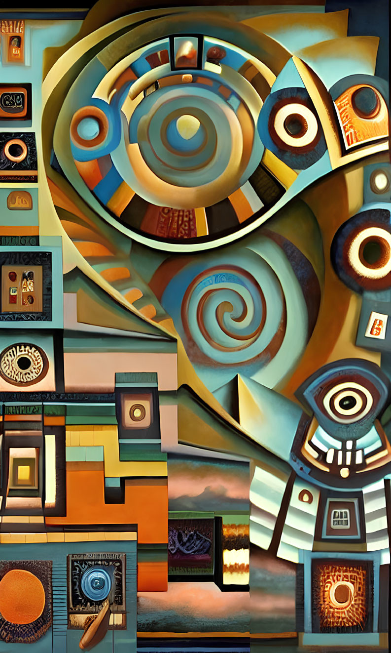 Cubist-style Abstract Painting with Swirls and Earthy Tones