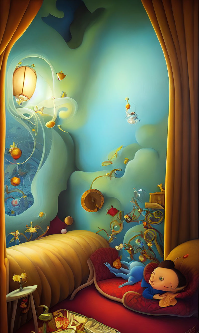 Illustration of child sleeping in surreal, cozy bedroom with floating lanterns and creatures