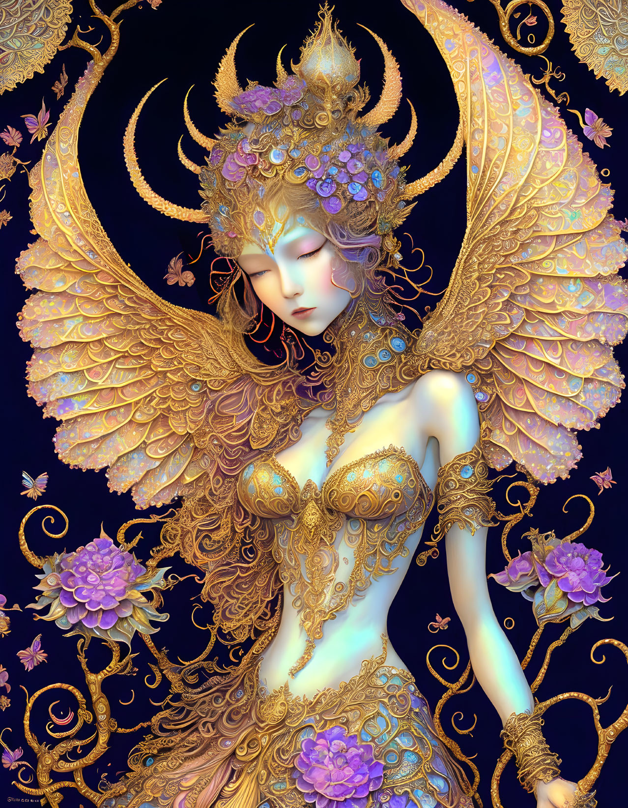 Illustration of mystical being with golden wings and ornate armor on blue background