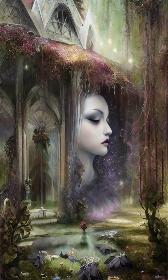 Surreal image of woman's face in mystical forest with Gothic architecture and vibrant flora