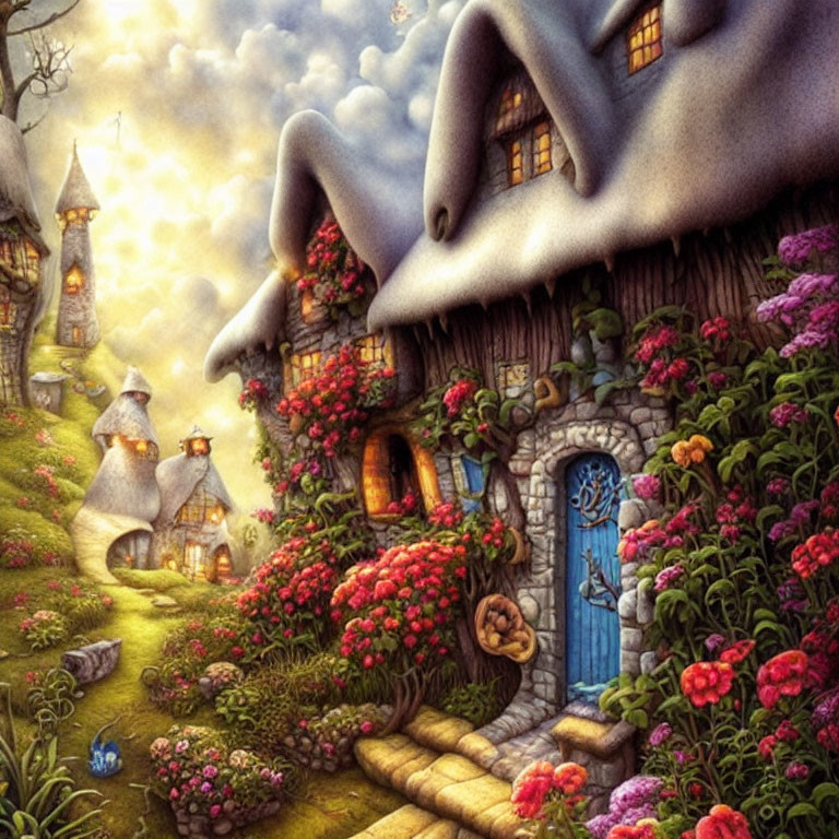 Illustration of Fairytale Cottage with Thatched Roofs and Vibrant Garden