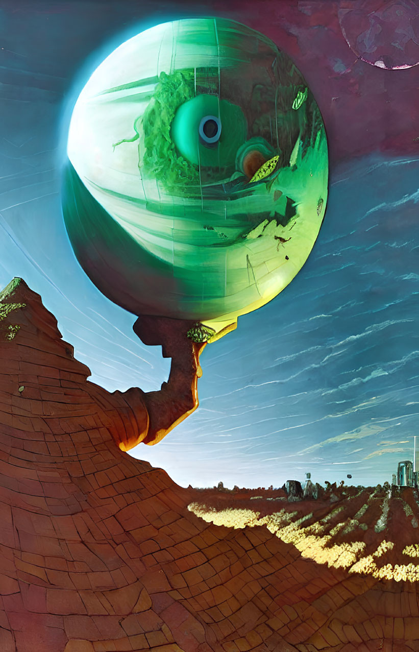 Surreal artwork: Giant green eyeball balloon over desert landscape