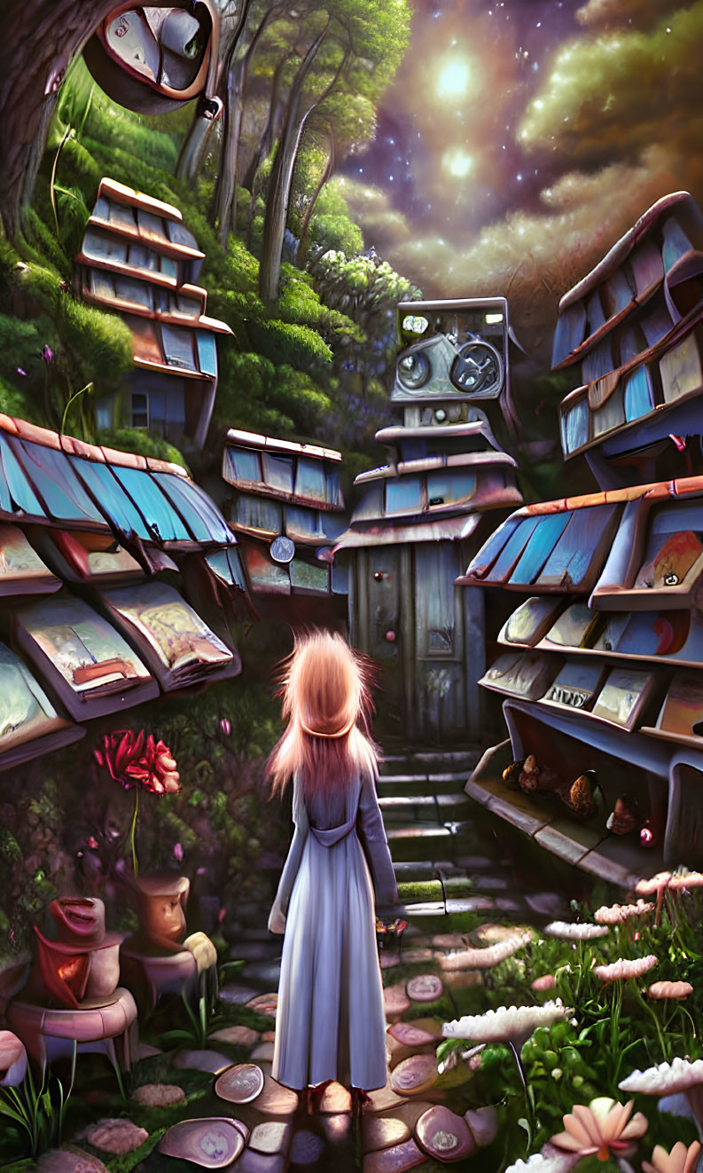 Whimsical book-lined pathway with girl, lush greenery, and starry sky