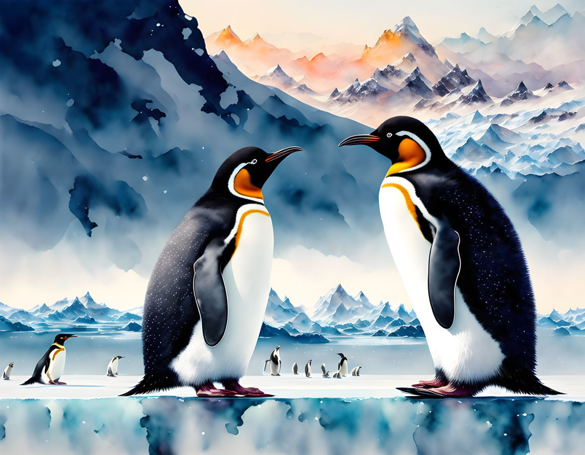 Two vibrant penguins on icy surface with mountains and smaller penguins in background