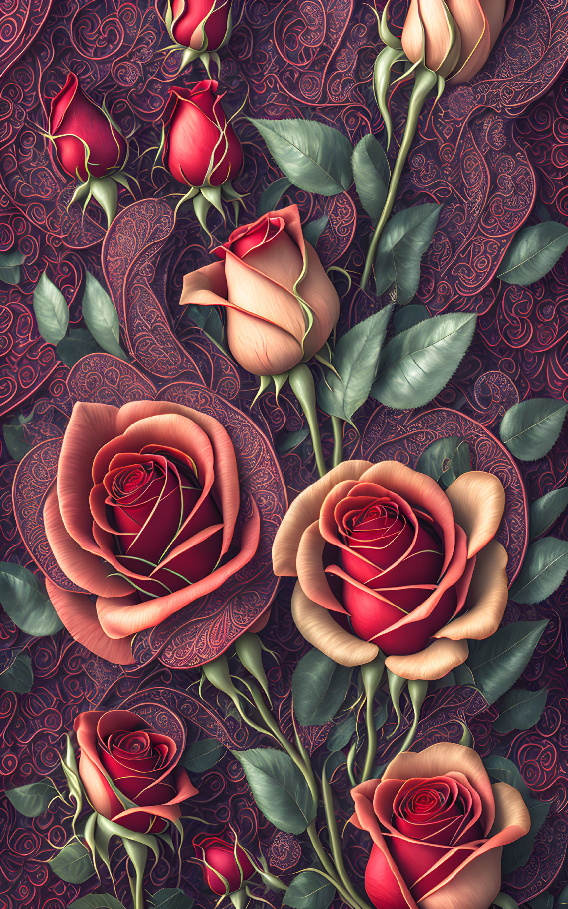 Vibrant red and peach roses with paisley patterns on dark background