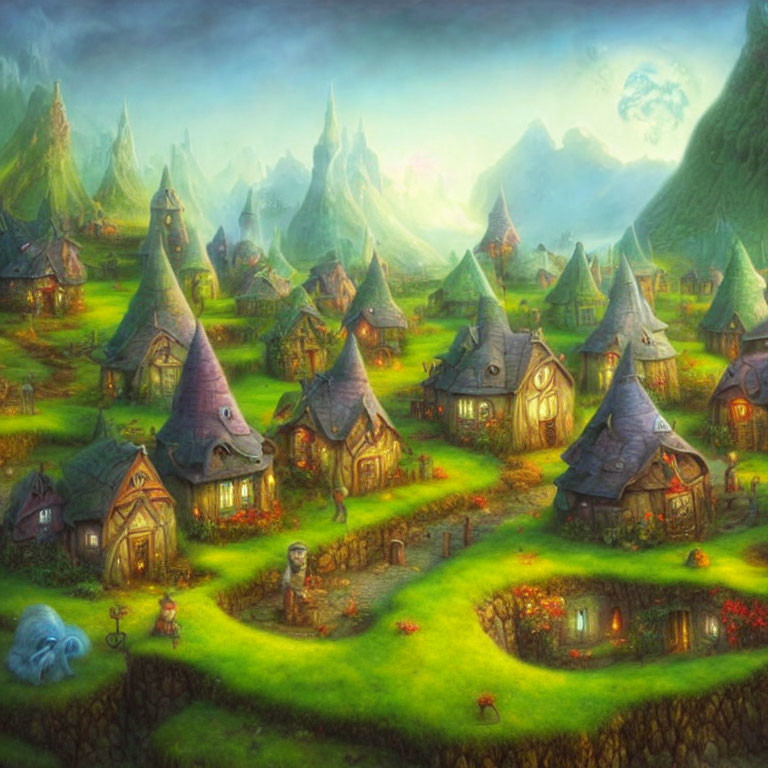 Whimsical fantasy village with grassy pathways and mountains