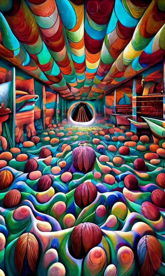 Colorful Surreal Painting of Rainbow Tunnel and Bright Light