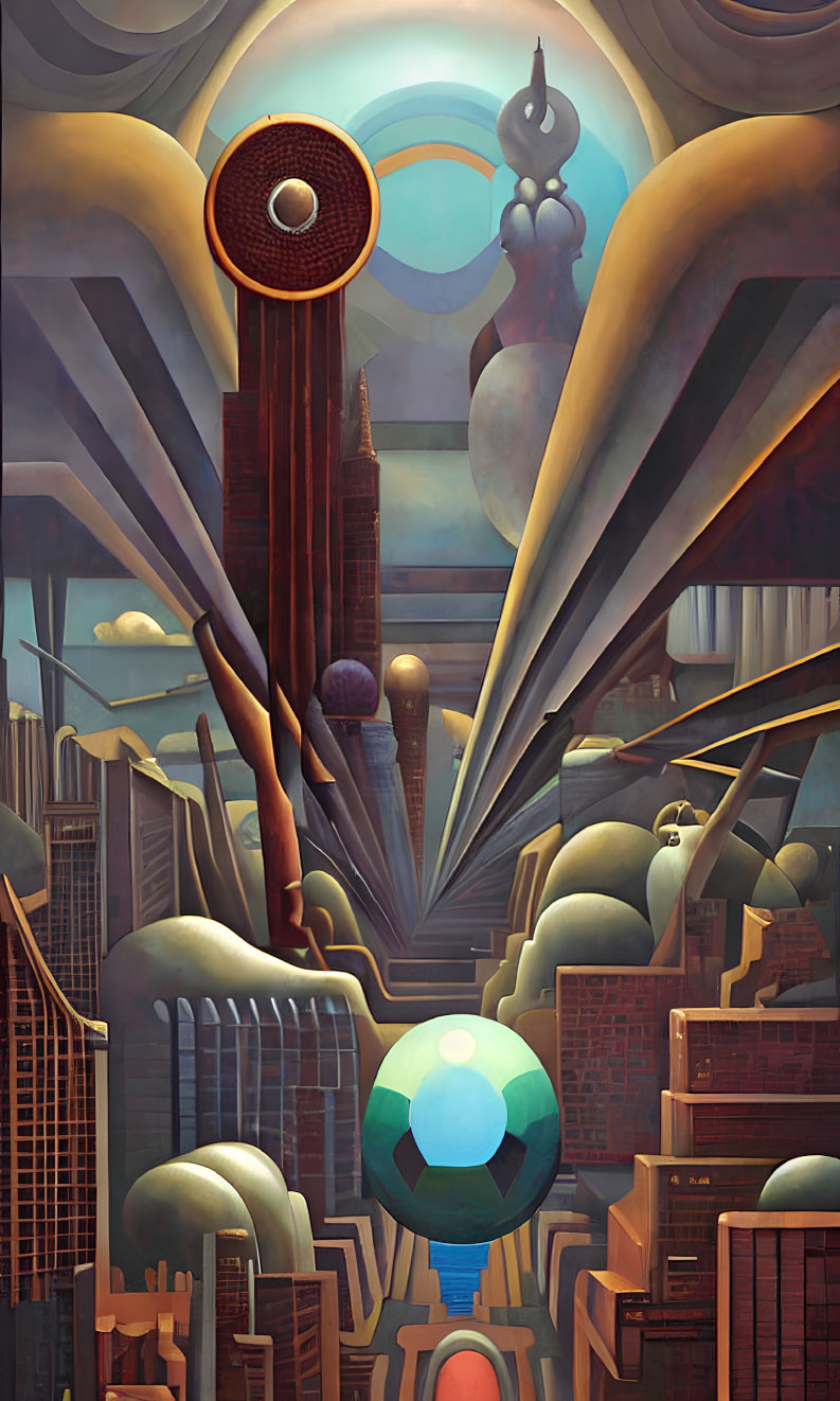 Whimsical surreal cityscape with towering structures and giant eye overlooking central glowing orb