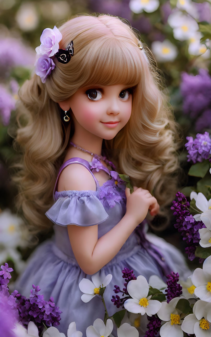 Blond Curly-Haired Doll in Lilac Dress Surrounded by Flowers