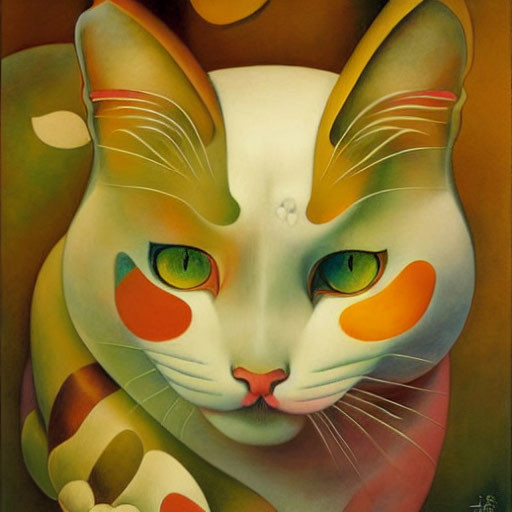 Vibrant surreal painting of stylized cat in orange, green, and yellow hues