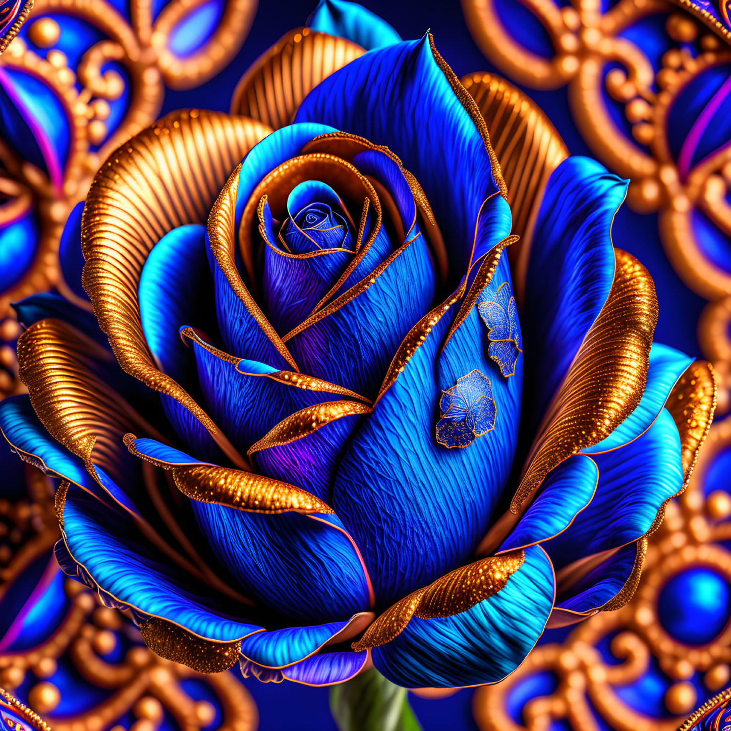 Vibrant digital art: Blue rose with gold-edged petals on ornate mandala background