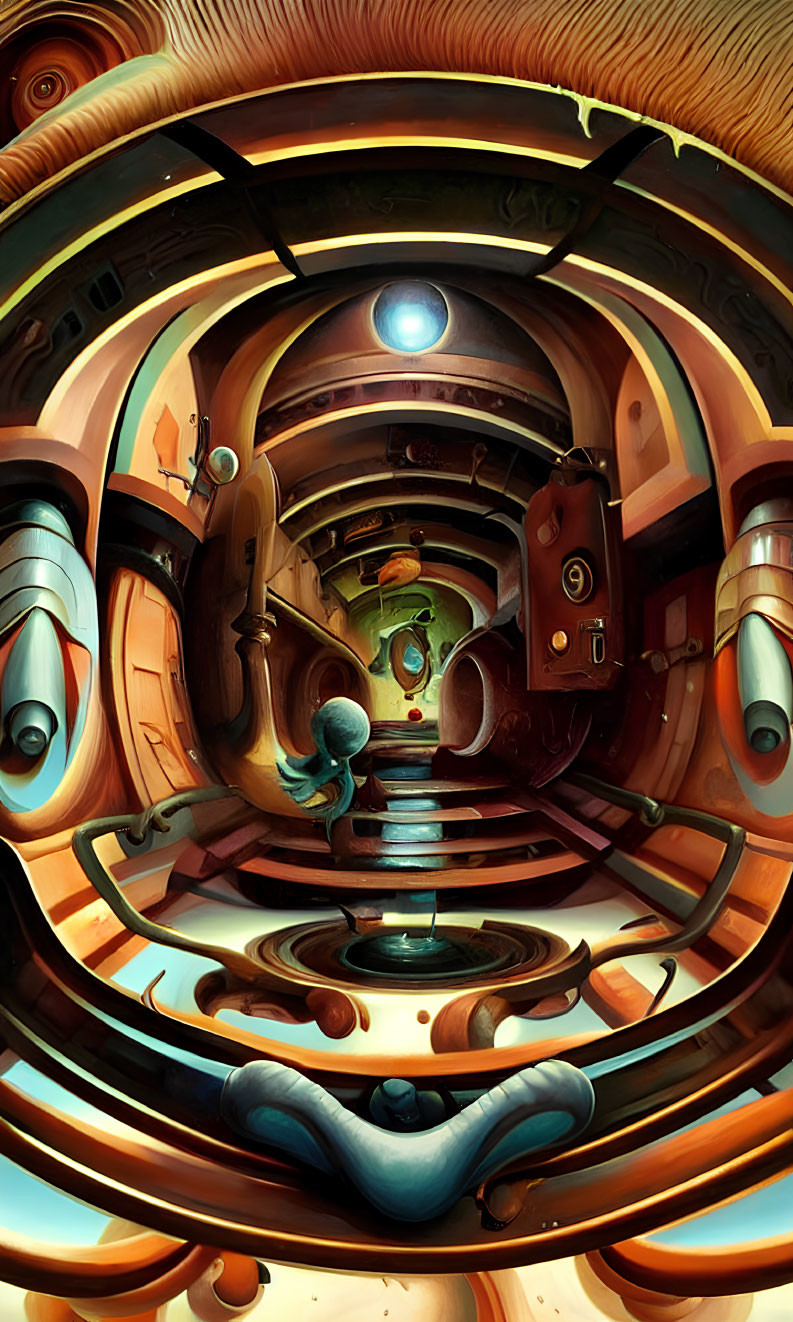 Surreal circular room with fisheye lens view and central figure reaching for orb