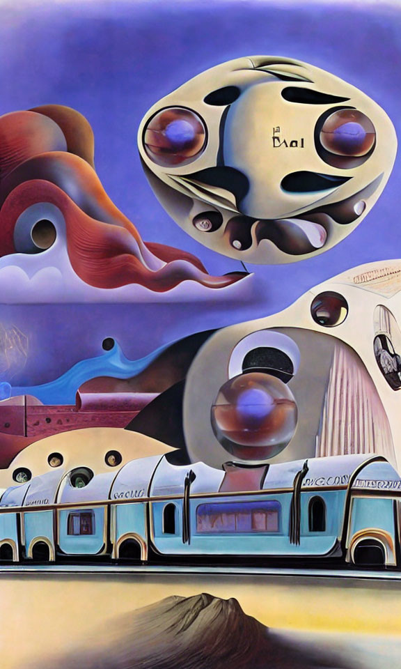 Surreal Artwork: Floating Orbs, Distorted Landscapes, Train with Clear Blue