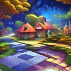 Fantasy landscape at dusk: whimsical cottages, cobblestone path, luminescent trees