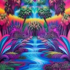 Colorful Psychedelic Landscape with River, Plants, Eye, and Rainbow Sky