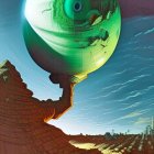 Surreal artwork: Giant green eyeball balloon over desert landscape