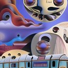 Surreal Artwork: Floating Orbs, Distorted Landscapes, Train with Clear Blue