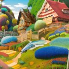 Colorful fantasy village with thatched cottages and blooming flowers