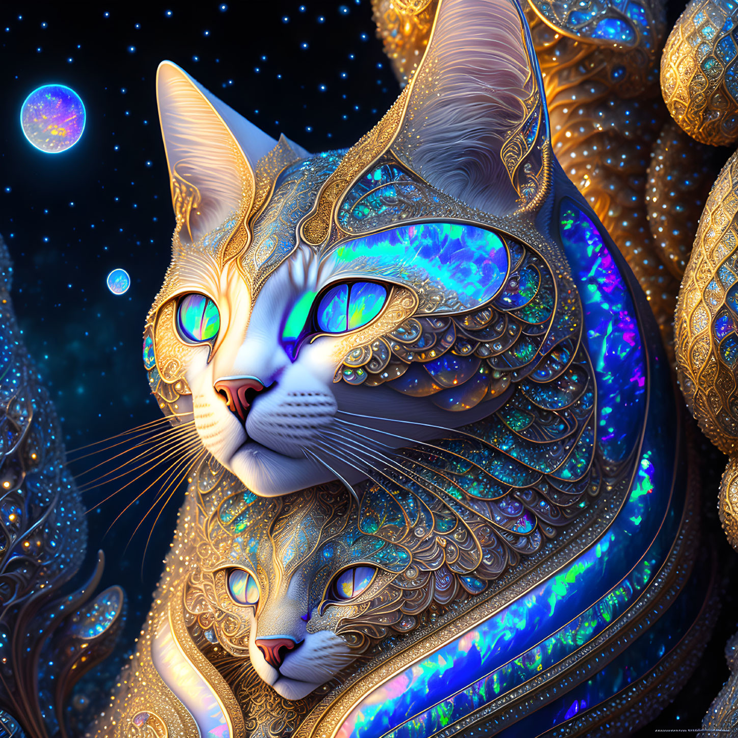 Majestic cat with golden patterns and jewels in cosmic setting