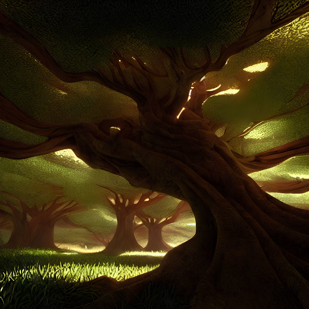 Ancient forest with twisted trees in warm golden light