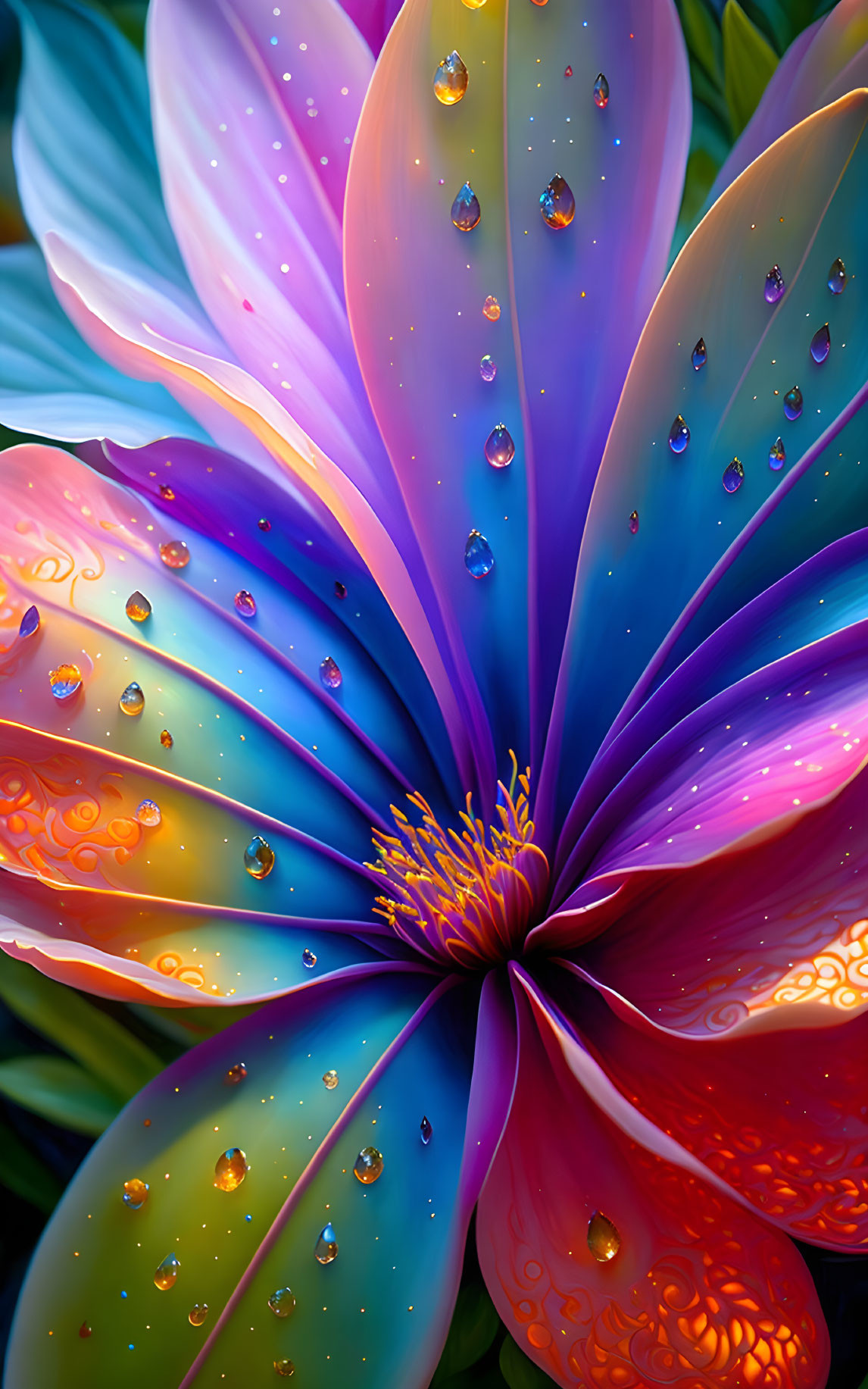 Colorful digital flower illustration with gradient petals and sparkling water droplets